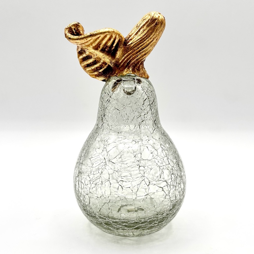 Vintage Crackle Glass Pear With Gold Painted Stem and Leaf